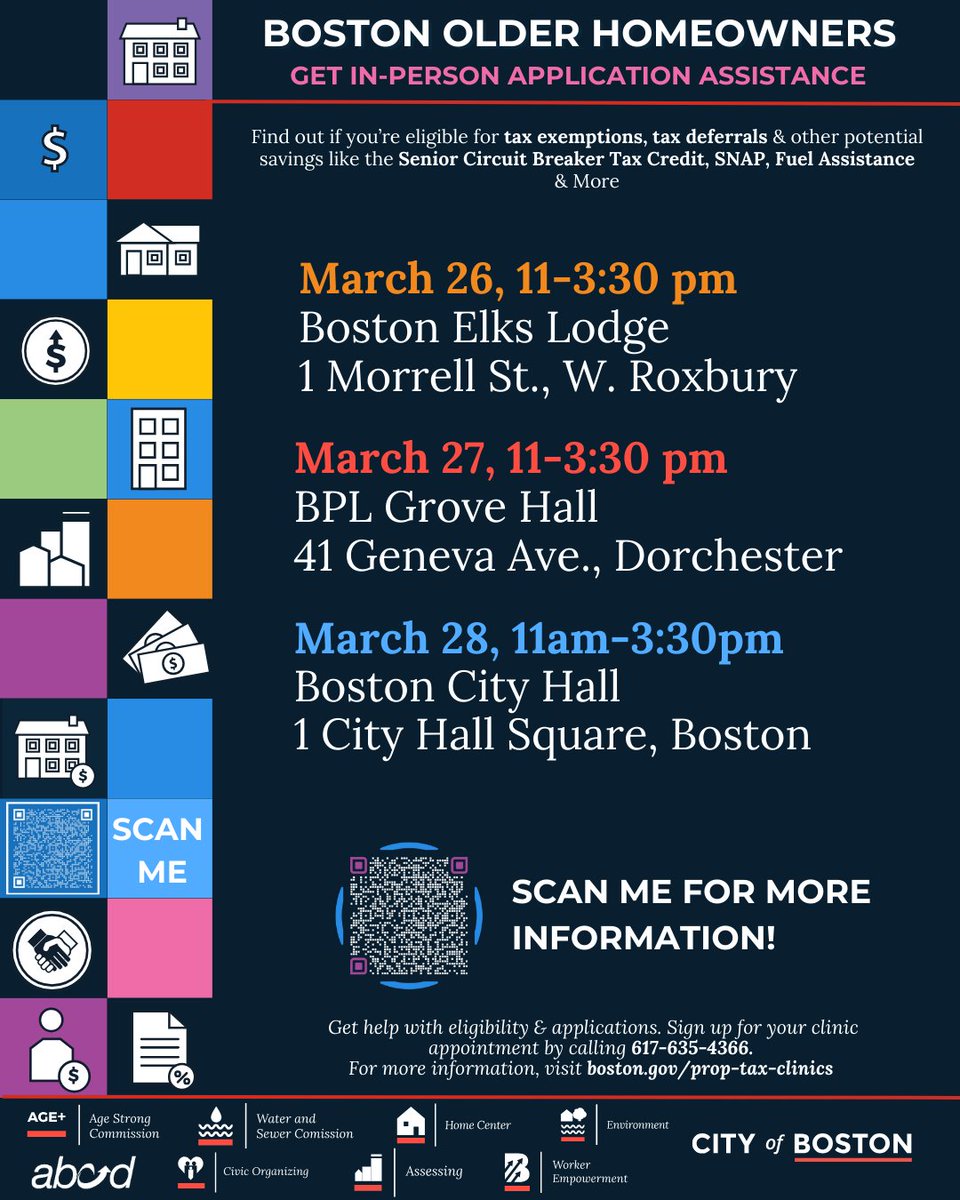 Age Strong will host the final Application Clinics of the month in West Roxbury, Dorchester, and right here in City Hall during the next three days! Call Age Strong at 617-635-4366 to schedule an appointment &amp; visit boston.gov/prop-tax-clini… for more information.