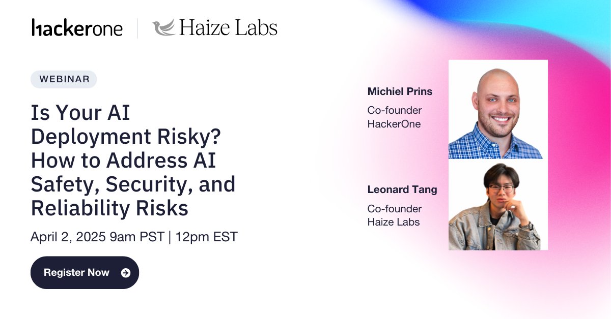 Hacker0x01's tweet photo. 🚨 Is Your AI Deployment Risky? 🚨

AI adoption is accelerating, but according to @McKinsey, only 18% of organizations conduct proper risk assessments during implementation.

Join @haizelabs and HackerOne for a webinar on April 2 to learn how to:

 📊 Identify and address AI safety risks
 🔍 Implement effective AI governance frameworks
 🛡️ Ensure continuous AI risk readiness

Don’t let AI risk be an afterthought. Reserve your spot today: https://t.co/9mBuBCbqgd