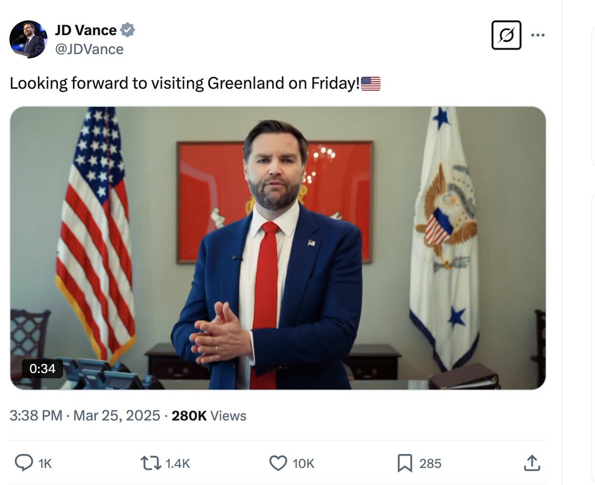 El vicepresidente de EE UU, JD Vance, anuncia que él también viajará con su esposa, Usha, y el consejero de Seguridad Nacional, Mike Waltz, a Groenlandia este viernes. "Es realmente importante. Muchos otros países han amenazado Groenlandia", dice