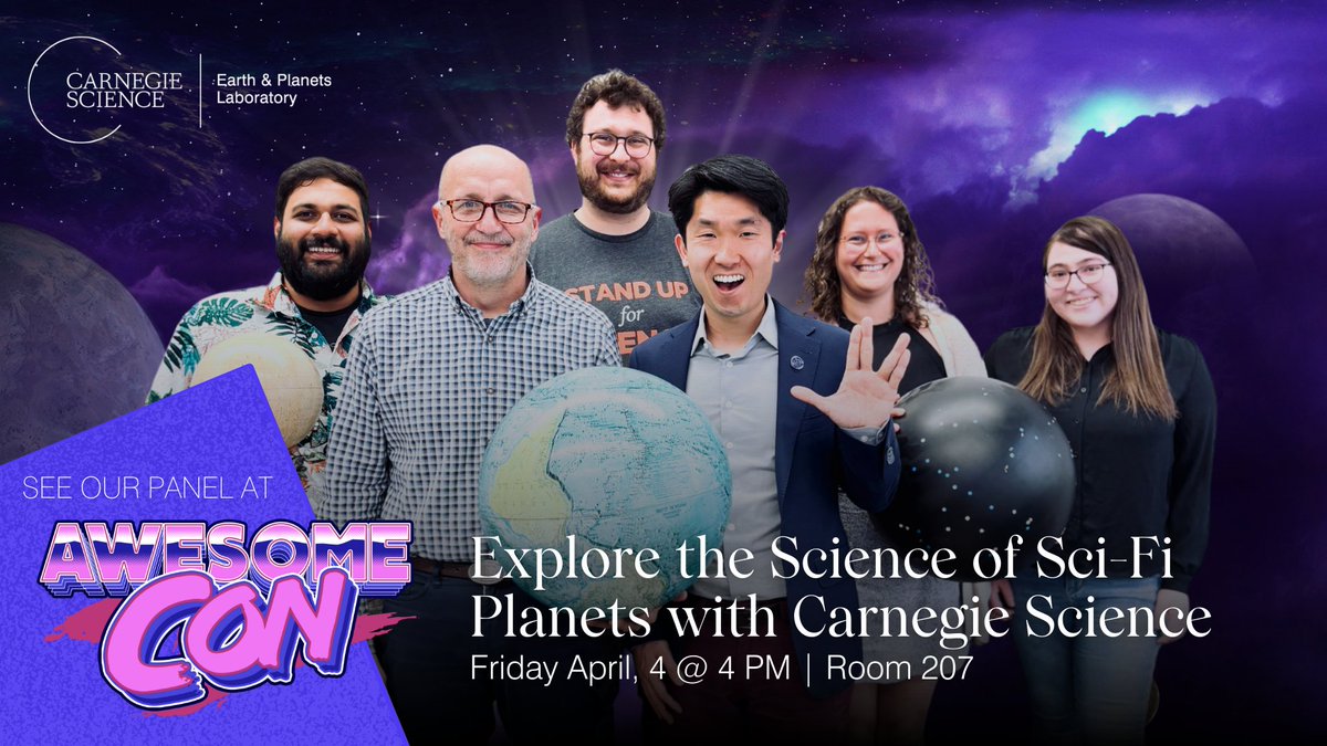 Carnegie Earth & Planets Laboratory (@carnegieplanets) on Twitter photo Watch out, <a href="/AwesomeCon/">Awesome Con</a>—the scientists are coming!
From scorching lava worlds to icy moons—join <a href="/CarnegiePlanets/">Carnegie Earth & Planets Laboratory</a> as we explore the science behind your favorite sci-fi planets.
📍 Room 207 | ⏰ 4–5 PM
🎙️: <a href="/miquai/">Michael Wong</a> <a href="/goltSZ/">Dr. Andrea Goltz (she/her)</a> <a href="/DrRockDoctor/">Chris Carchedi, PhD</a> <a href="/Anirudh_14/">Anirudh Prabhu</a> <a href="/Nicole_Wallack/">Nicole Wallack</a>
#AwesomeCon Watch out, <a href="/AwesomeCon/">Awesome Con</a>—the scientists are coming!
From scorching lava worlds to icy moons—join <a href="/CarnegiePlanets/">Carnegie Earth & Planets Laboratory</a> as we explore the science behind your favorite sci-fi planets.
📍 Room 207 | ⏰ 4–5 PM
🎙️: <a href="/miquai/">Michael Wong</a> <a href="/goltSZ/">Dr. Andrea Goltz (she/her)</a> <a href="/DrRockDoctor/">Chris Carchedi, PhD</a> <a href="/Anirudh_14/">Anirudh Prabhu</a> <a href="/Nicole_Wallack/">Nicole Wallack</a>
#AwesomeCon