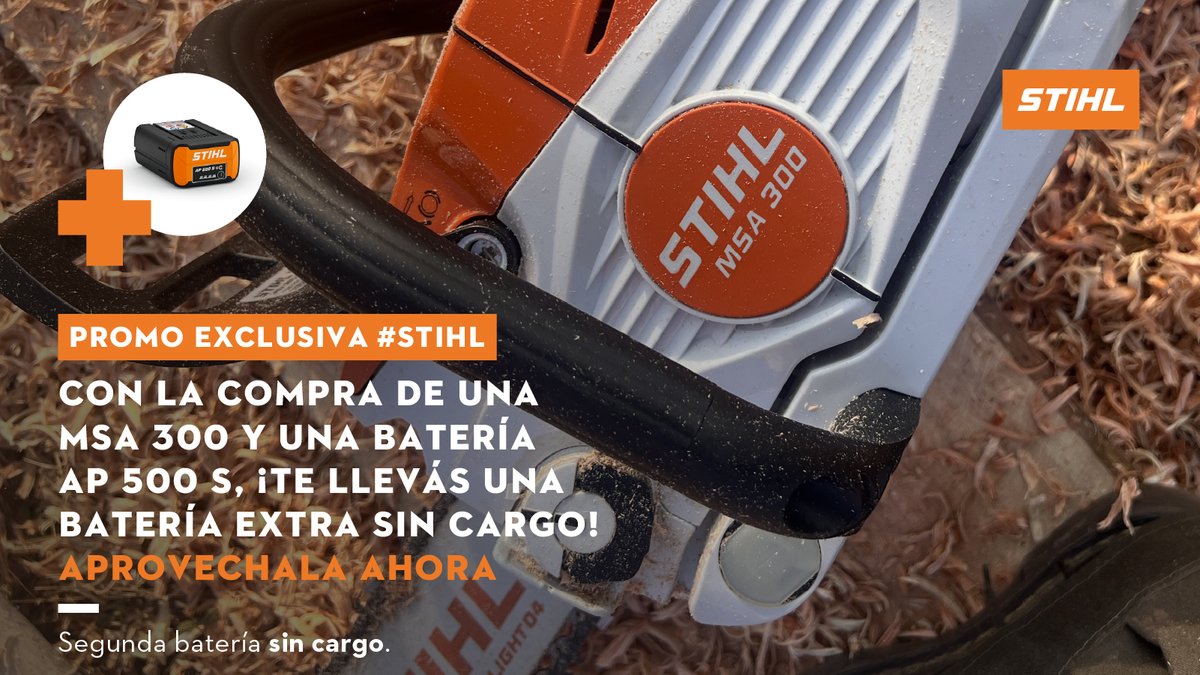 ¡Atención a todos los amantes de la tecnología STIHL! 🔥

¡No dejes pasar esta increíble oportunidad!
Por tiempo limitado, con la compra de una MSA 300 y una batería AP 500 S,
¡te llevas una batería extra del mismo modelo SIN CARGO! 🎉