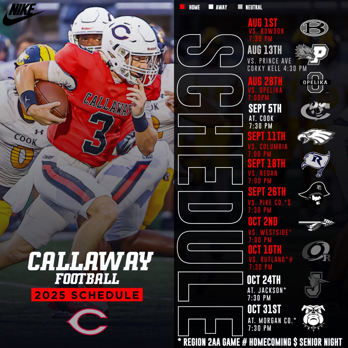 𝟐𝟎𝟐𝟓 𝐂𝐚𝐥𝐥𝐚𝐰𝐚𝐲 𝐅𝐨𝐨𝐭𝐛𝐚𝐥𝐥 𝐒𝐜𝐡𝐞𝐝𝐮𝐥𝐞 🗓️

The 2025 Callaway Football Schedule is here.
Big games. Big moments.
See you this fall Cavs Nation! 

#CavsonTop | #CallawayFootball