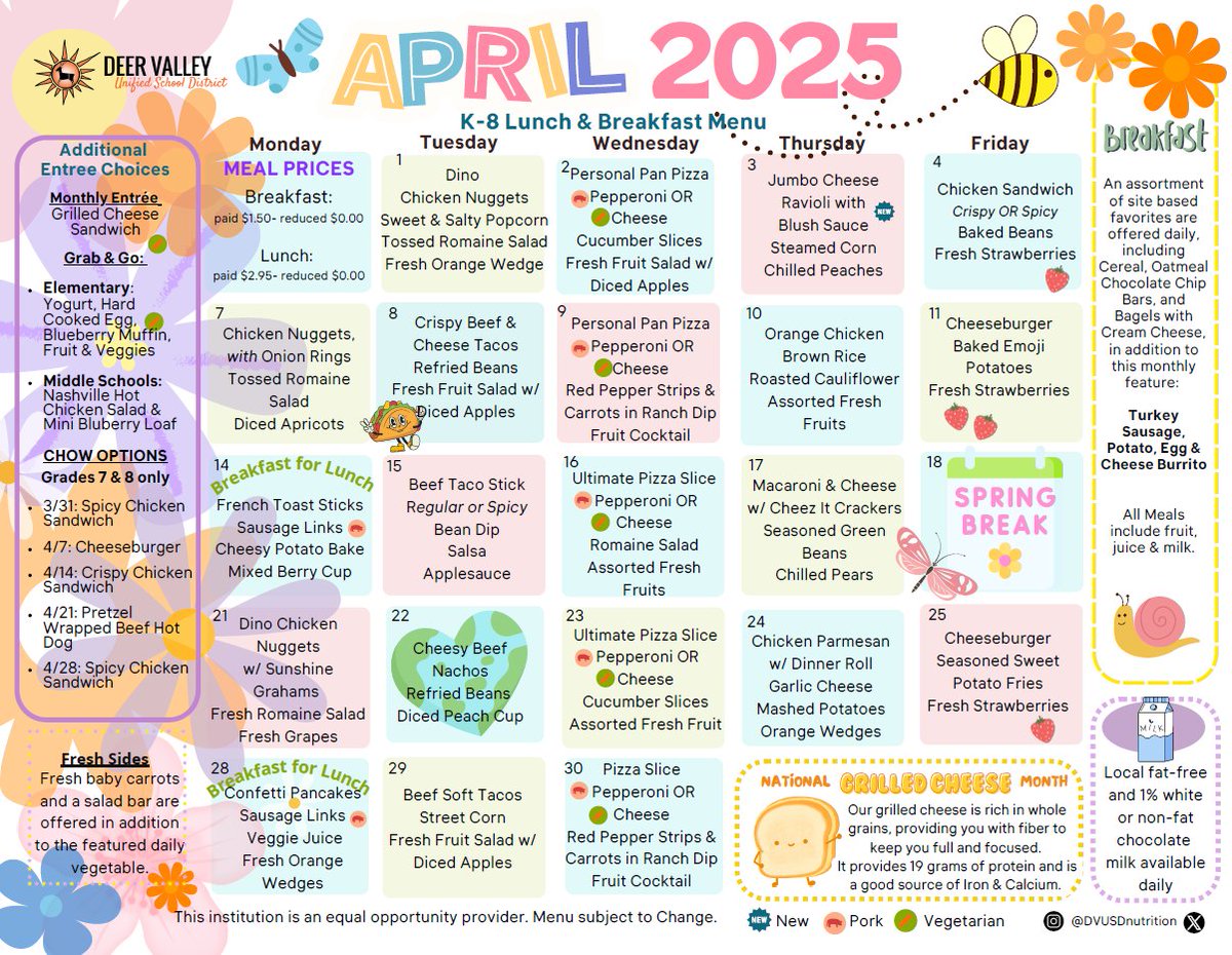 Hop into April, with some tasty treats from the <a href="/DVUSDnutrition/">DVUSD Food&Nutrition</a> department! View and download next month's menus at DVUSD.org/menus.