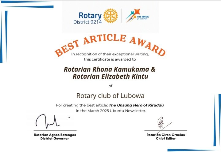 Rotary Club of Lubowa (@lubowarotary) on Twitter photo Congratulations to our incredible President <a href="/KamukamaRN5628/">Rhona Kamukama</a> and PP Elizabeth Kintu for winning the best article in <a href="/rotaryd9214/">RotaryDistrict9214</a> Ubuntu Newsletter for March! Your dedication and storytelling inspire us all.
Keep shining and making a difference! #Rotary #UbuntuNewsletter Congratulations to our incredible President <a href="/KamukamaRN5628/">Rhona Kamukama</a> and PP Elizabeth Kintu for winning the best article in <a href="/rotaryd9214/">RotaryDistrict9214</a> Ubuntu Newsletter for March! Your dedication and storytelling inspire us all.
Keep shining and making a difference! #Rotary #UbuntuNewsletter