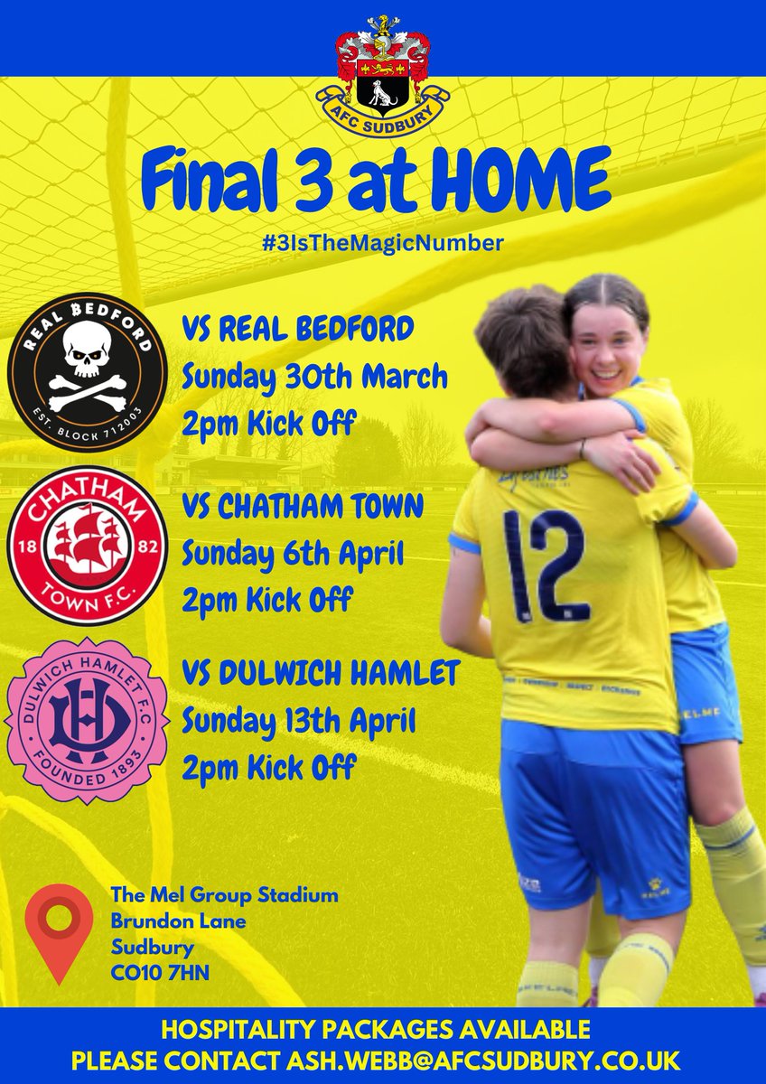 AFC Sudbury Women (@afcsudburywomen) on Twitter photo Final 3 at Home.
Starting this Sunday!
We welcome <a href="/RBFCWomen/">Real Bedford Women ππ</a> to the MEL. Come on down and show your support! πππ©·
<a href="/WF_East/">Women's Football East</a> <a href="/FAWNL/">FA Women's National League</a> Final 3 at Home.
Starting this Sunday!
We welcome <a href="/RBFCWomen/">Real Bedford Women ππ</a> to the MEL. Come on down and show your support! πππ©·
<a href="/WF_East/">Women's Football East</a> <a href="/FAWNL/">FA Women's National League</a>