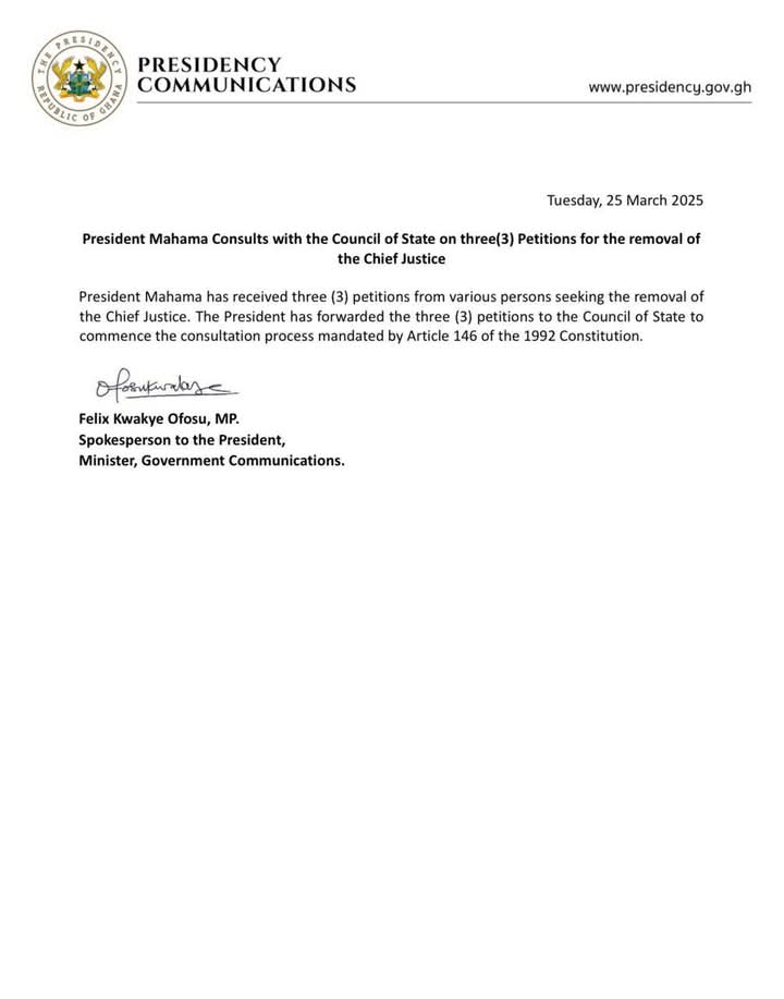 President Mahama Consults with the Council of State on three(3) Petitions for the removal of the Chief Justice.