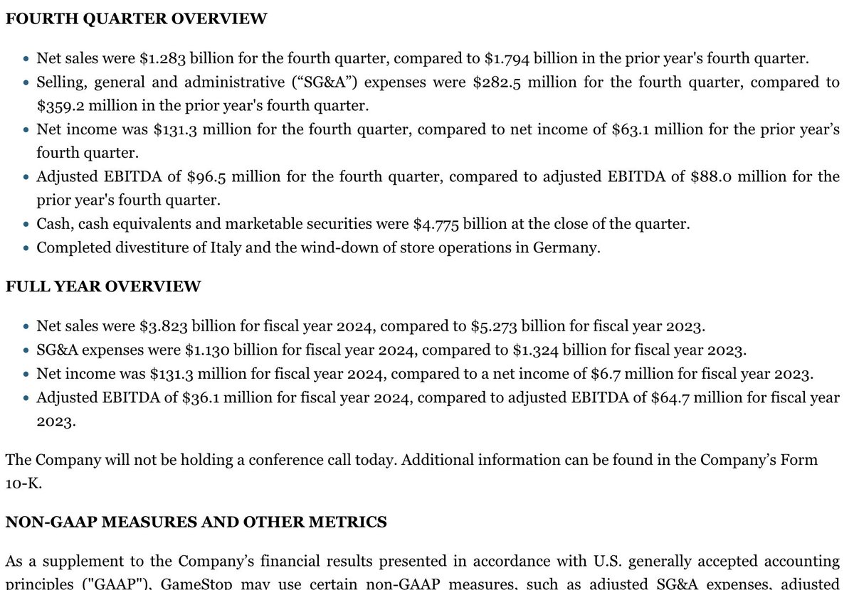 GameStop Q4 earnings announce $4.775 billion in cash. More than $10/share. Earnings up more than 100% growth compared to Q4 last year.