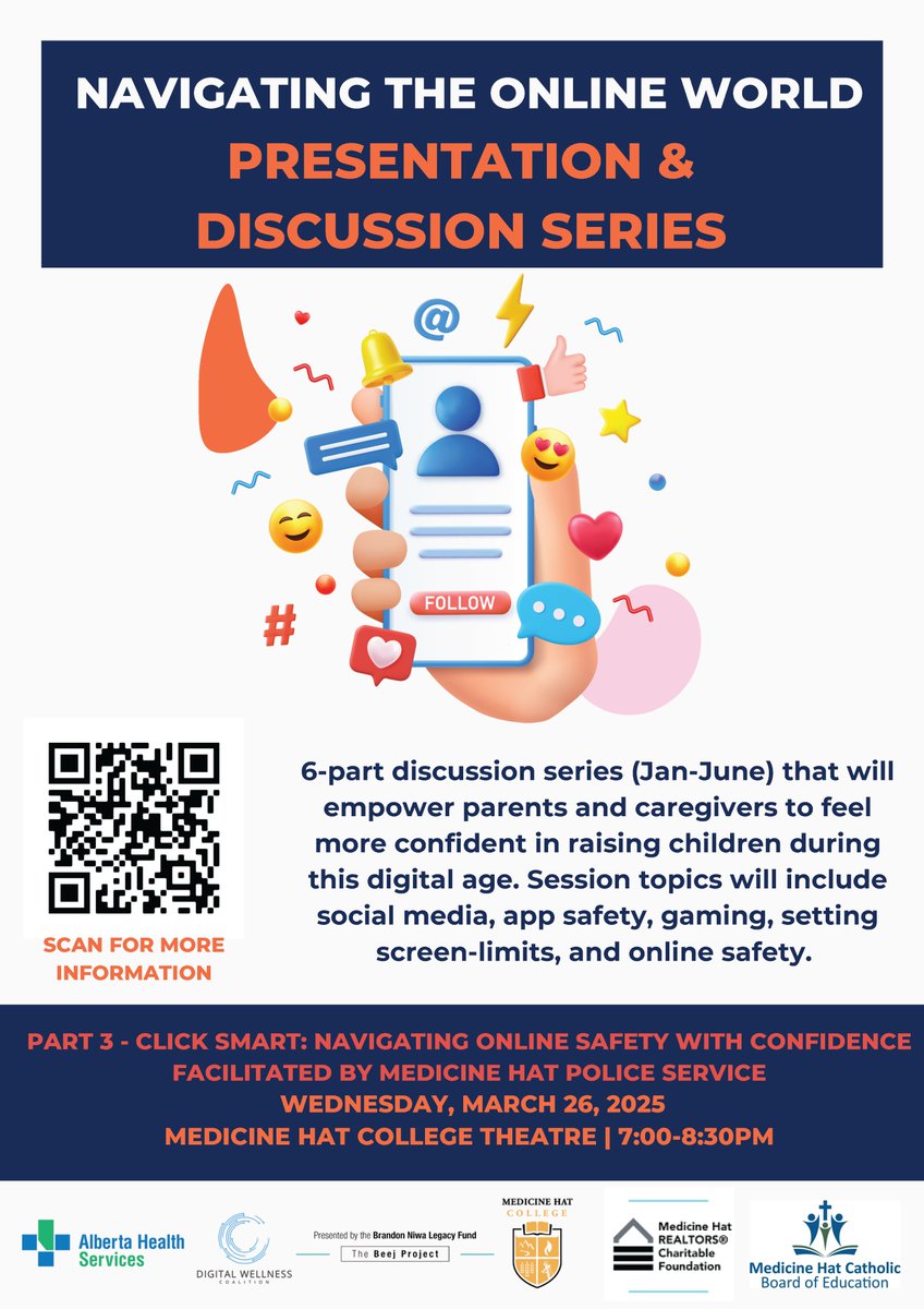 Medicine Hat College (@mhcollege) on Twitter photo The next free session of Navigating the Online World, is tomorrow, March 25, 7-8:30 PM in the Medicine Hat College Theatre.
Led by the Digital Wellness Coalition and facilitated by <a href="/medhatpolice/">Medicine Hat Police Service</a>, community members are welcome to attend and learn how to navigate online safety. The next free session of Navigating the Online World, is tomorrow, March 25, 7-8:30 PM in the Medicine Hat College Theatre.
Led by the Digital Wellness Coalition and facilitated by <a href="/medhatpolice/">Medicine Hat Police Service</a>, community members are welcome to attend and learn how to navigate online safety.