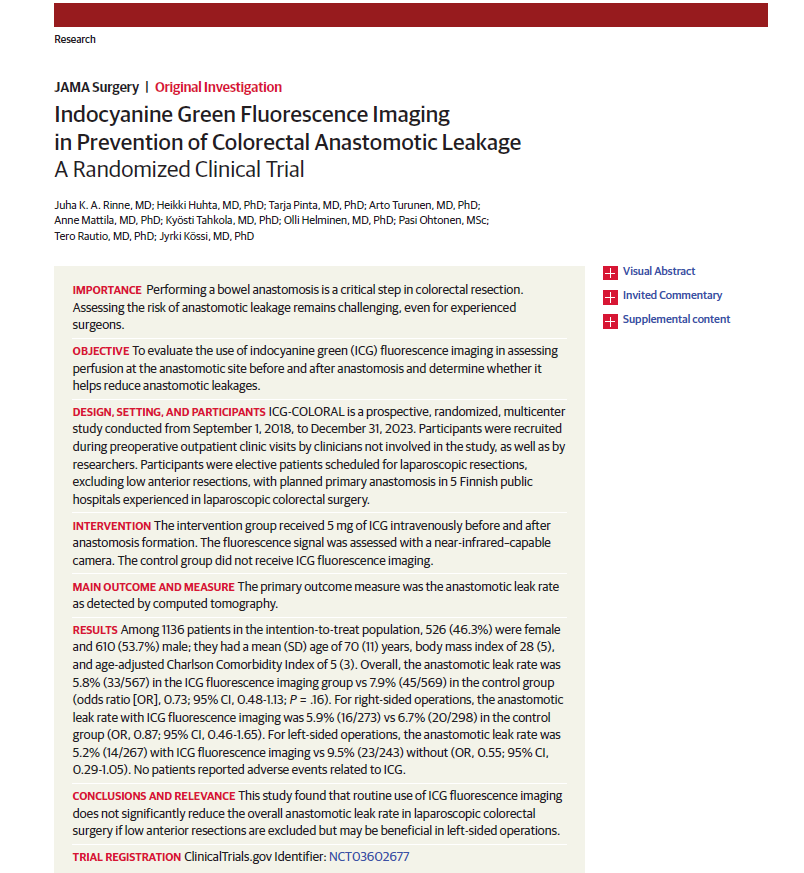 Sean Langenfeld (@seanlangenfeld) on Twitter photo Interesting new Finnish RCT in <a href="/JAMASurgery/">JAMA Surgery</a> evaluating ICG's impact on anastomotic leak in colon surgery. The results won't make you switch camps, regardless of which one you're in, but they're important:
-No difference in AL rates, reoperations, or overall complications between Interesting new Finnish RCT in <a href="/JAMASurgery/">JAMA Surgery</a> evaluating ICG's impact on anastomotic leak in colon surgery. The results won't make you switch camps, regardless of which one you're in, but they're important:
-No difference in AL rates, reoperations, or overall complications between