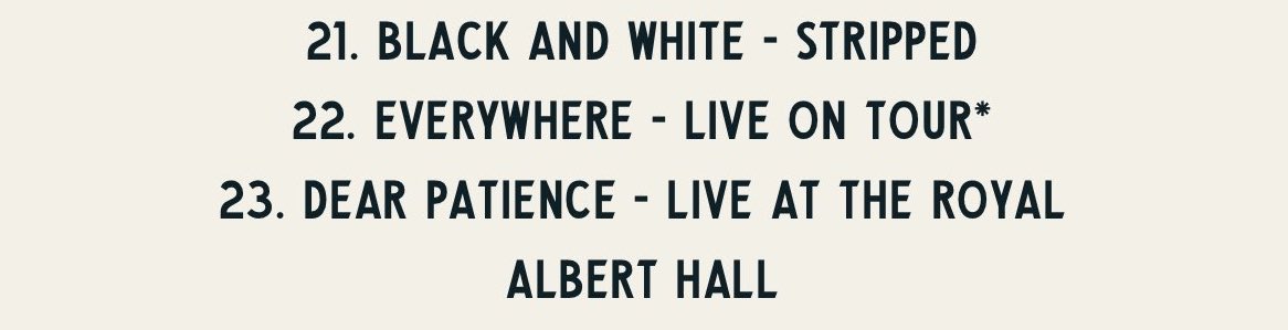 niallontours's tweet photo. On the tracklist, there's a version of "Everywhere" Live On Tour!

These are the cities where it was sang:

Dublin
Birmingham
Glasgow
London
Cardiff
Manchester
Antwerp
Paris
Madrid
Auckland
Melbourne
Jakarta
Manila
Hollywood
Tampa
Guadalajara
Monterrey
São Paulo
Buenos Aires
Lima https://t.co/IyxG3my6Uf