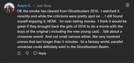 AdamCampetti's tweet photo. Movies improve w/age
Streaming #Ghostbusters2016
Like it now
Crossing parallel universes, rad #crossover
I love Leslie Jones cracks me up
#Ghostbusters @Ghostbusters @kmcnuggets @Lesdoggg @dan_aykroyd @JasonReitman @paulfeig @Ernie_Hudson @anniepotts @SonyPictures @chrishemsworth https://t.co/ujnP5eh9eA