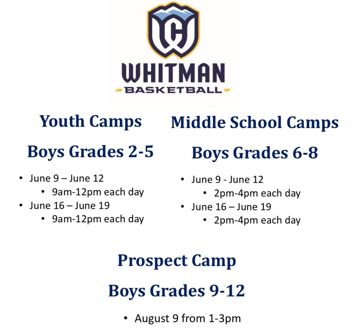 Whitman Boys Basketball Camp season is on the horizon!! Our registration link is now live!! Spots fill up quick, so don’t miss out on all of the fun! #GoBlues 

Register: whitmanbasketballcamps.com/Default.aspx?t…