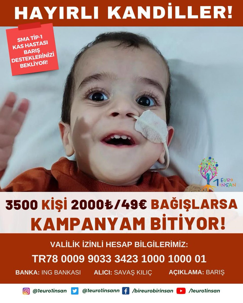 BİN AYDAN DAHA HAYIRLI OLAN KADİR GECEMİZ MÜBAREK OLSUN🌿

BU GÜZEL GÜNDE BARIŞ’ın ELİNDEN TUTUP ONU İLACINA DAHA DA YAKLAŞTIRIR MISINIZ?
✨SON 3500 KİŞİ 2000₺✨

BARIŞ VE AİLESİ BU BAYRAMA GÖZYAŞI OLMADAN , GERÇEK BİR BAYRAM GİBİ ULAŞSIN, BU BAYRAMI ÇİFTE BAYRAM OLARAK YAŞASIN