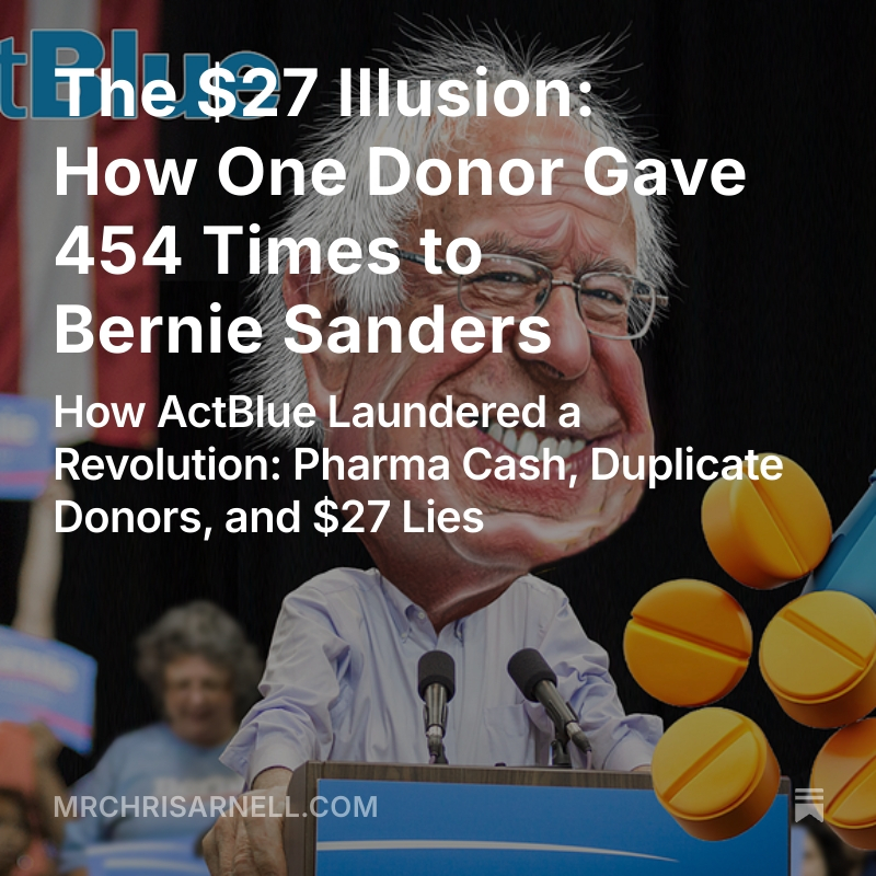 MrChrisArnell's tweet image. 🚨 EXCLUSIVE: We analyzed 2 million+ donations to Bernie Sanders via ActBlue.

📊 One donor gave $27 a staggering 454 times — totaling $12,258.

🤔 Is that grassroots… or laundering?

🧵 Read the full investigation:
👉 mrchrisarnell.com/p/the-27-illus… 

#Bernie2020 #CampaignFinance