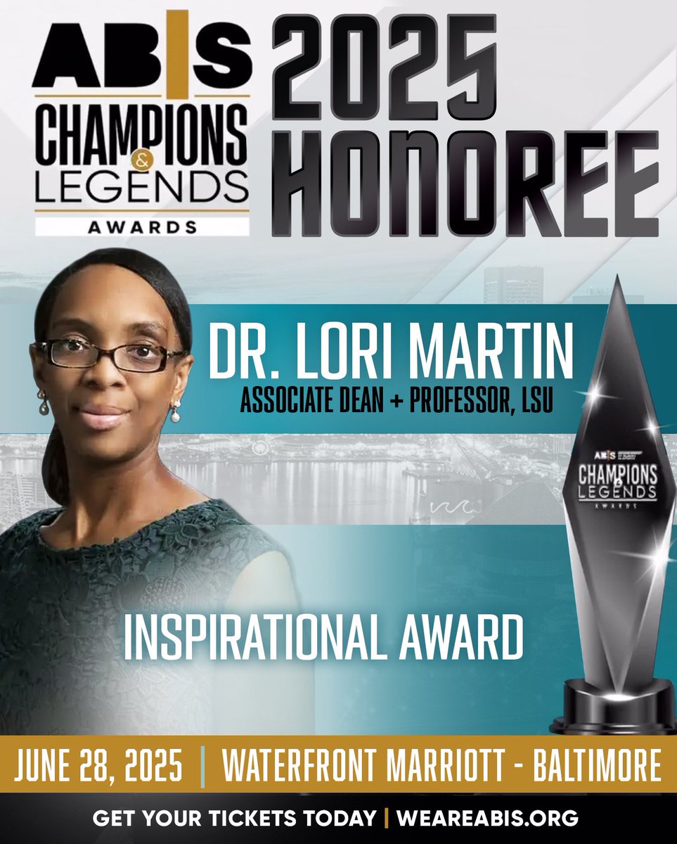 📣Dr. Lori Martin, Associate Dean &amp; Professor at LSU, will receive the Inspirational Award at the #ABISGala!  This honor celebrates her exceptional courage and commitment to uplifting athletes and communities. 
 #InspirationAward #Trailblazer #GetYourTickets #WeAreABIS