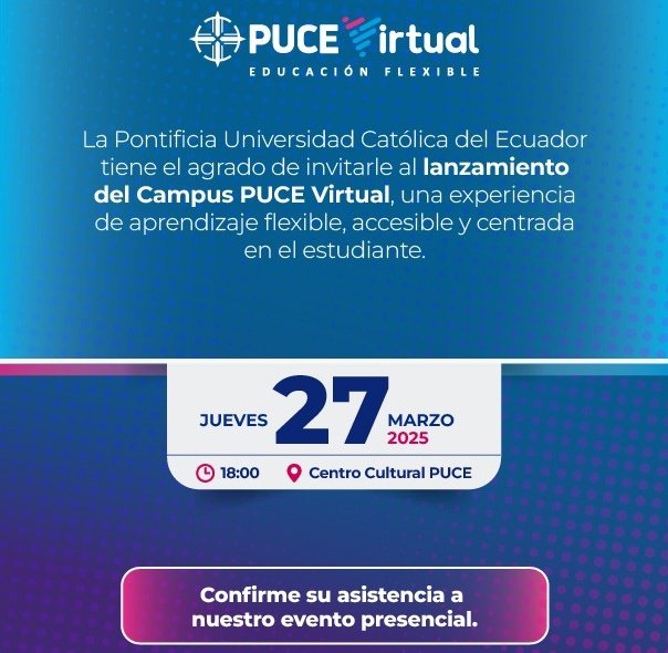 emprender_ec's tweet photo. Descubre una nueva
forma de aprender en
la PUCE 🎓✨✌️🏅🗞️

Te invitamos al lanzamiento
del nuevo Campus PUCE Virtual, con educación flexible.

📅 ¿Cuándo? 🤨🤔
Jue/27-marzo-2025

⏰ Hora: 18:00 (6pm)

📍 ¿Dónde?
Centro Cultural PUCE (Quito)

INSCRÍBETE 👇 https://t.co/Roaz31U1fs https://t.co/Y7Ju1rrAM6