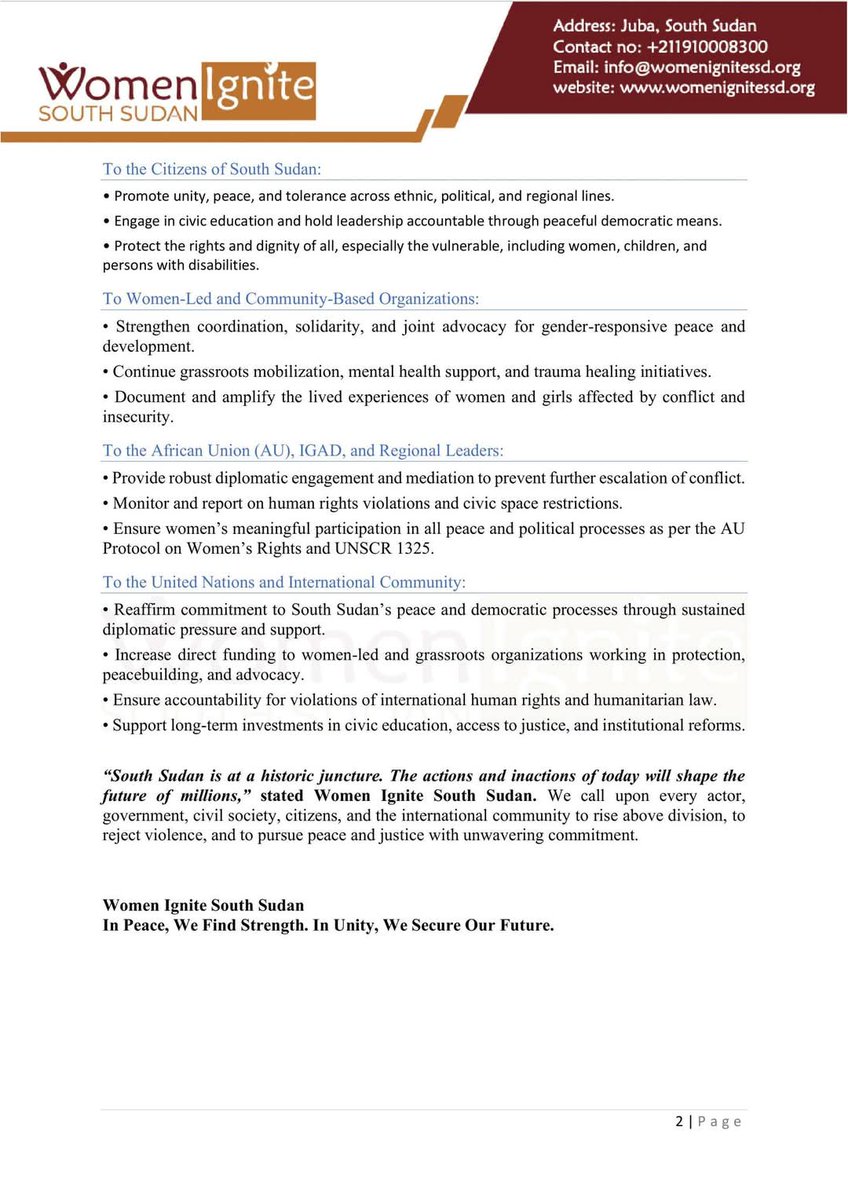 WomenIgniteSSD's tweet photo. Press release from Women Ignite South Sudan 
@unmissmedia @EyeRadioJuba @EU_Commission @eu_eeas @_AfricanUnion @IGADsecretariat @AWLNetwork @UN @UNHumanRights https://t.co/LzOX7JElgo