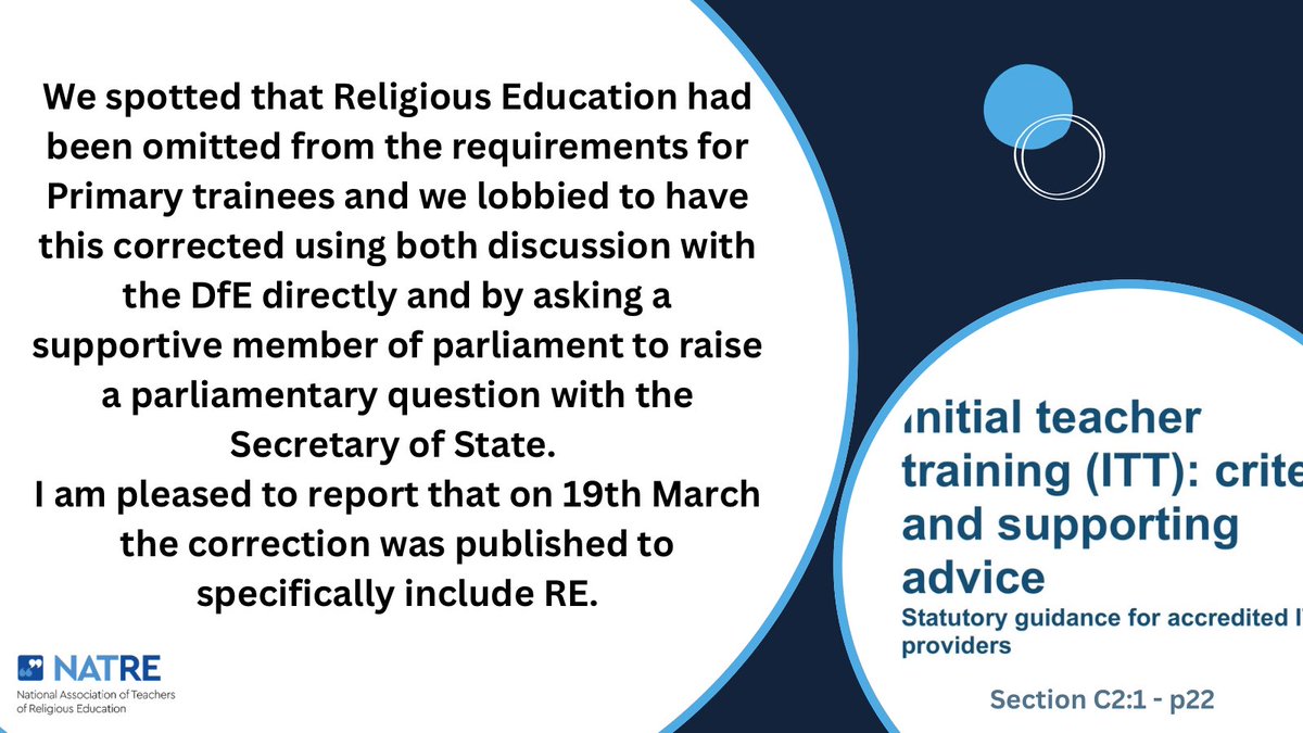A small victory, but worthy of celebrating. We have been successful in getting the DfE to amend the Initial Teacher Training Statutory Guidance

gov.uk/government/pub…