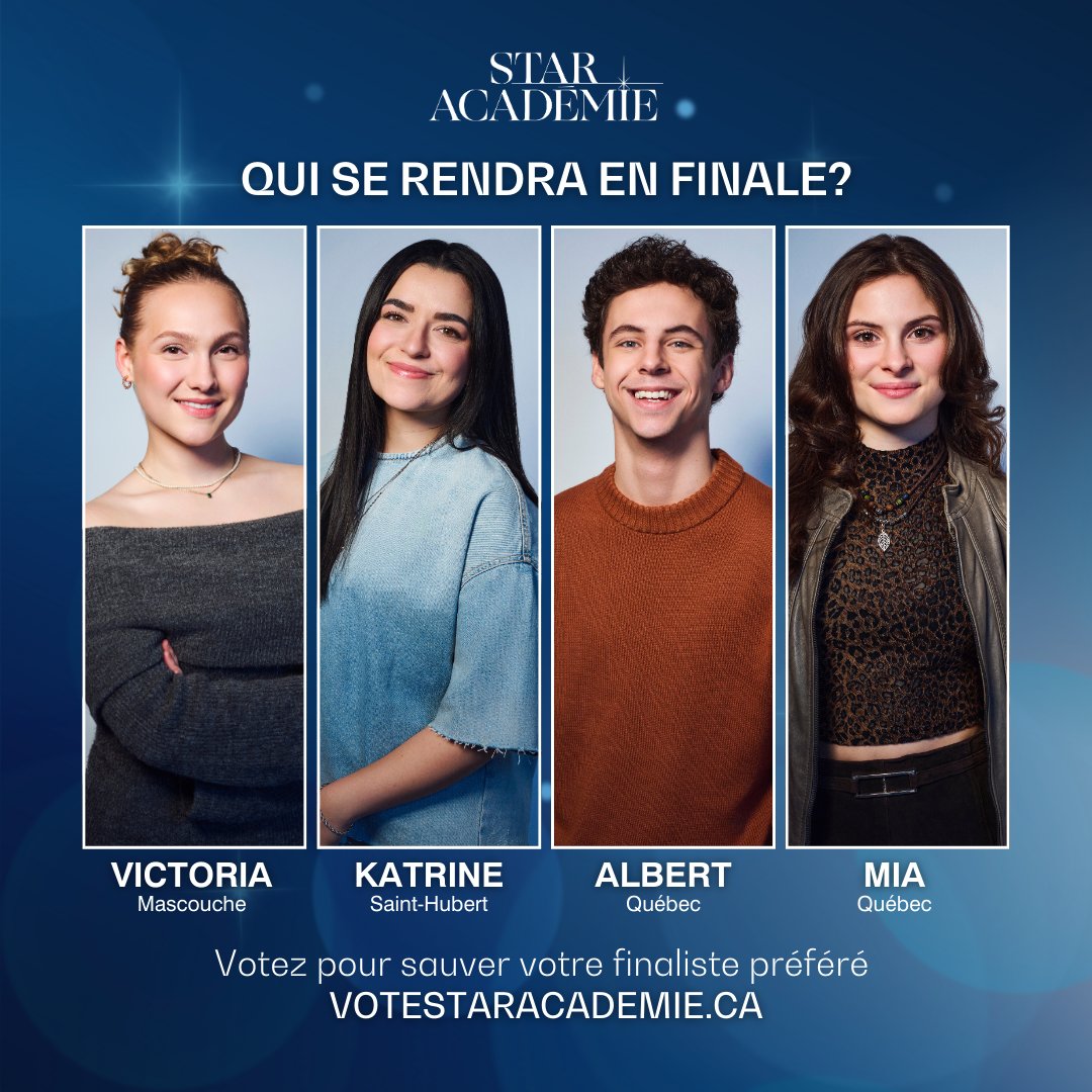 VICTORIA, KATRINE, ALBERT et MIA défendront leur place en demi-finale ce dimanche et vous ne voulez pas manquer ça! 🌟

Votez DÈS MAINTENANT gratuitement pour protéger votre finaliste préféré(e) en vous rendant au votestaracademie.ca 🗳️

Faites entendre votre voix! 🗣️