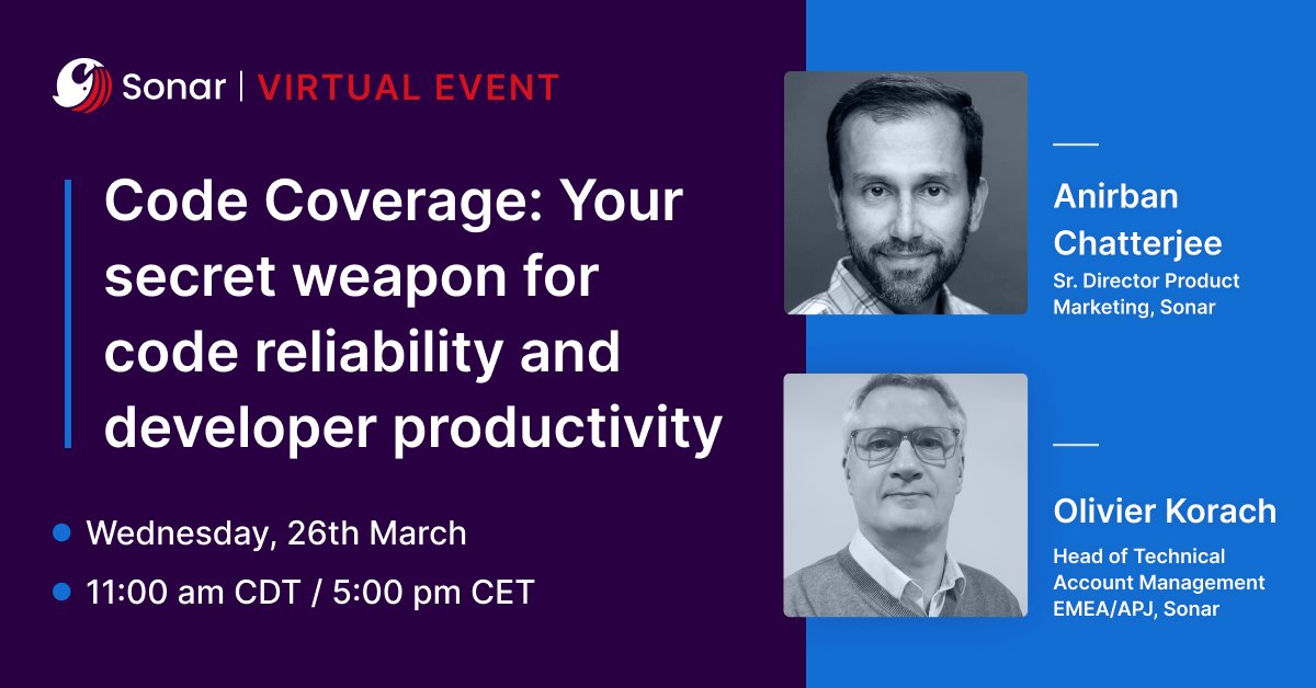 SonarSource's tweet image. Last chance to register for our Code Coverage webinar tomorrow to learn how to…
🔎 Harness unit test and #codecoverage metrics
🛠️ Implement coverage analysis with Sonar
🚀 Improve code reliability and developer productivity
Save your spot: bit.ly/437FMeS