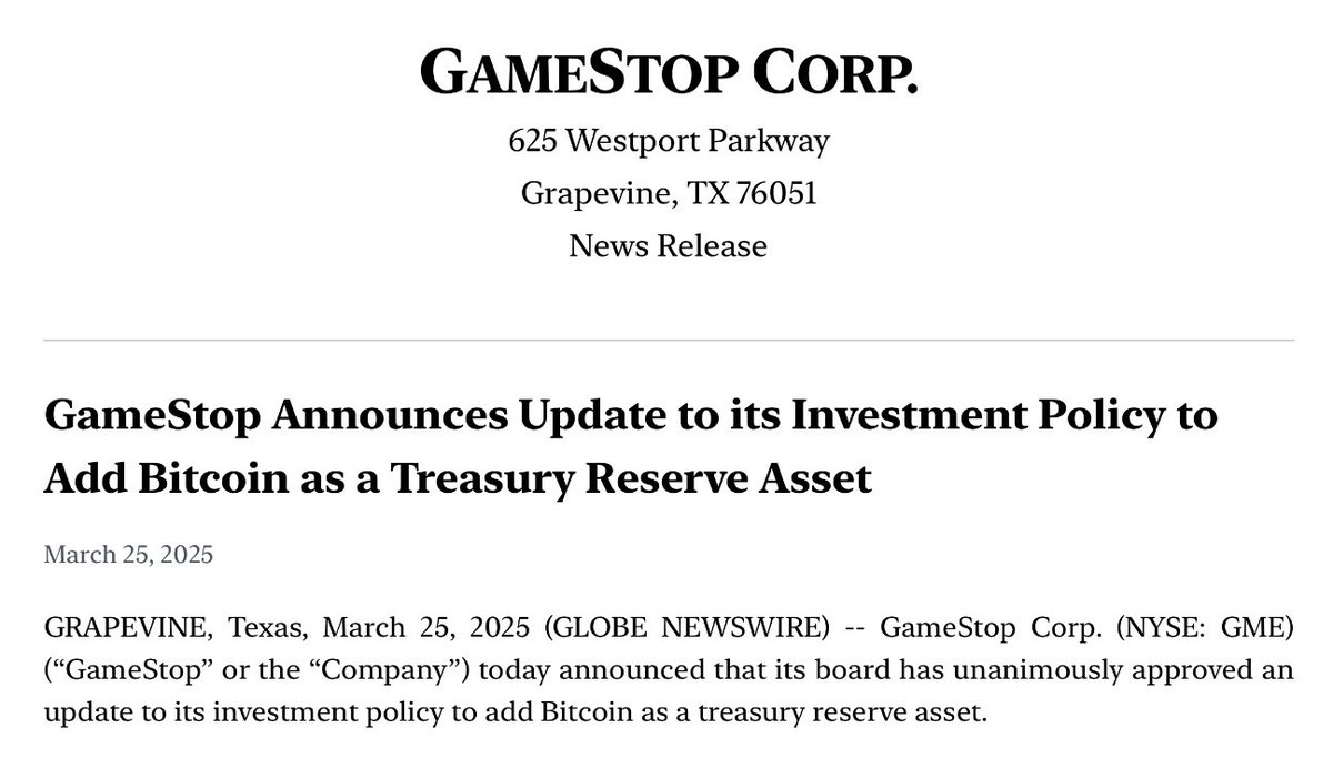BREAKING! 🚨

<a href="/gamestop/">GameStop</a> hat die Unternehmensregeln geändert, um Bitcoin kaufen zu können! 🔥