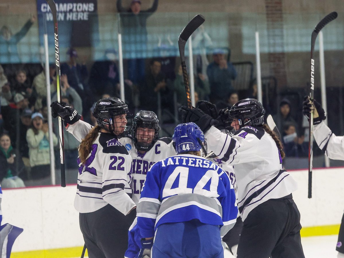 AmherstCollege's tweet photo. Frozen Four bound! 🏒 After defeating Colby 4-1, the Amherst women's hockey team will travel to Wisconsin to face Middlebury in the semifinals on Mar. 28.

Congratulations, Mammoths — you got this! 🦣 #TusksUp

📸: Clarus Multimedia Group https://t.co/M2uqEdjjhT