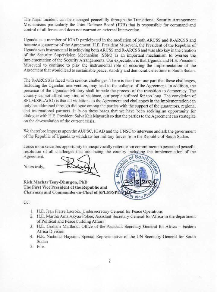 kuacmedia's tweet photo. JUST IN: 1st VP Riek Machar Teny urges the African Union, IGAD, and the UN Security Council to intervene and demand Uganda’s withdrawal, emphasizing the need for dialogue and peaceful resolution to prevent further instability in South Sudan. https://t.co/n6zDEHSjD5