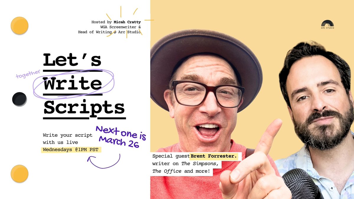 arcstudioproapp's tweet photo. Don't miss Let's Write Scripts tomorrow @1pm Pacific with special guest @BrentForrester4 who wrote on The Simpsons, The Office, and more! 

We'll be doing timed writing sprints, and Brent and host @MicahCratty will be answering screenwriting questions during the breaks. https://t.co/Ry7jbsXswT