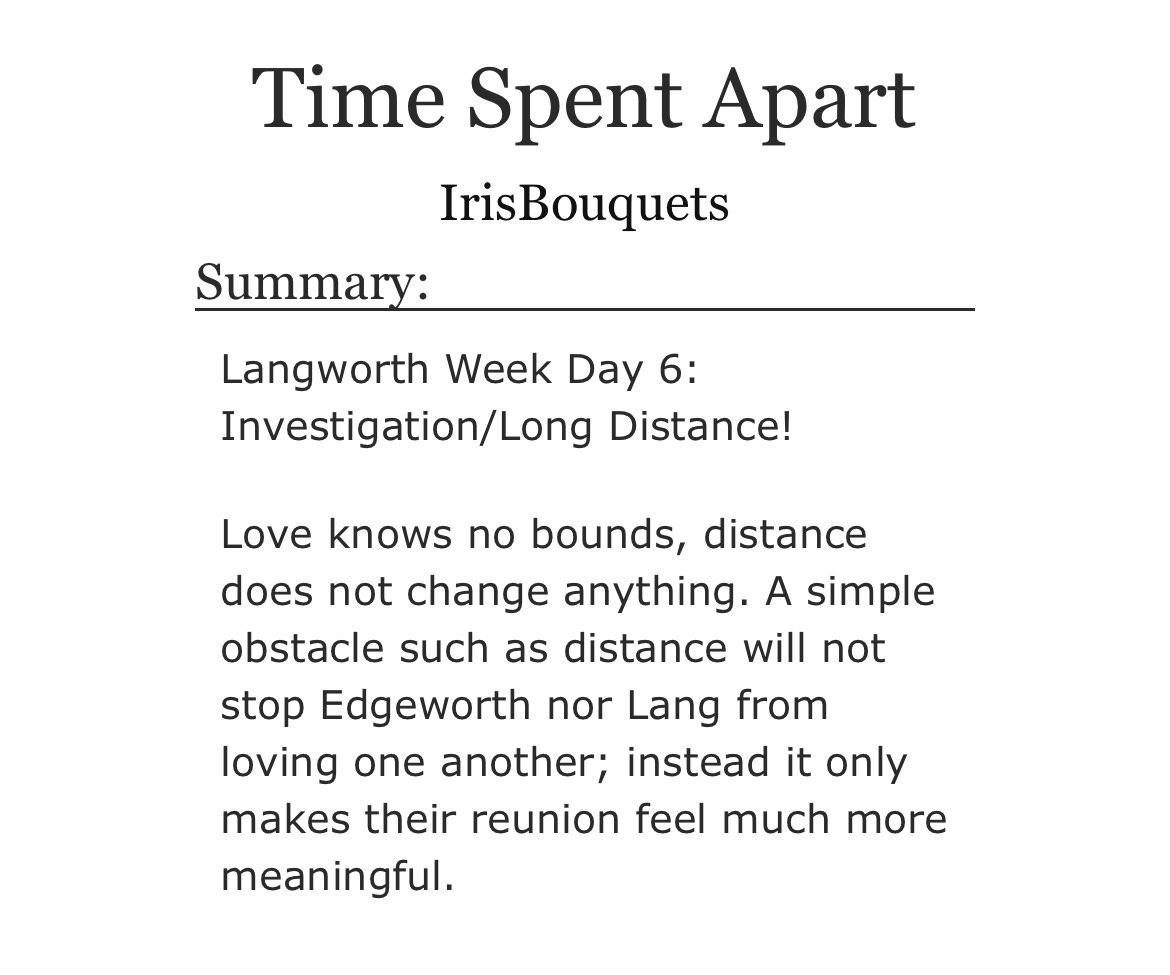 Langworth Week Day 6:
Investigation/Long Distance!

archiveofourown.org/works/64154770

#langworthweek2025 #langworthweek #langworth #roumitsu #aai