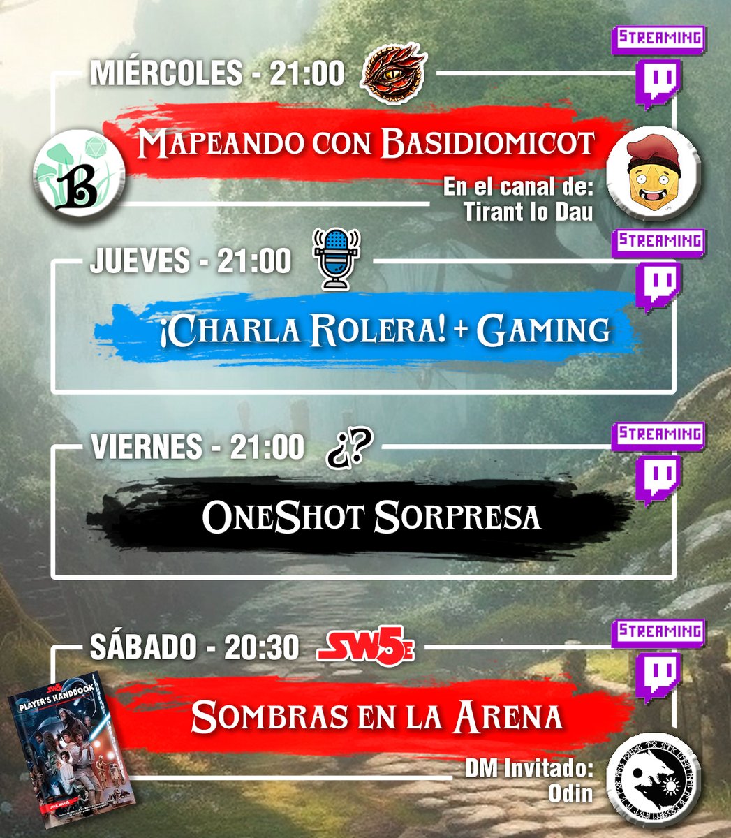 Master_Neutral (@master_n_jordi) on Twitter photo ¡Vamos con todo! 😎
🗺️ Mañana mapeando con <a href="/Basi_Murk/">Basidiomicot</a> usando <a href="/inkarnaterpg/">Inkarnate</a> en <a href="/Tirantlodau/">Tirant lo dau</a>
🎙️ Jueves de Charla
🎲 Viernes Oneshot Misterioso
🪐 Sábado probaré por primera vez Star Wars en el Rol ¡Vamos con todo! 😎
🗺️ Mañana mapeando con <a href="/Basi_Murk/">Basidiomicot</a> usando <a href="/inkarnaterpg/">Inkarnate</a> en <a href="/Tirantlodau/">Tirant lo dau</a>
🎙️ Jueves de Charla
🎲 Viernes Oneshot Misterioso
🪐 Sábado probaré por primera vez Star Wars en el Rol