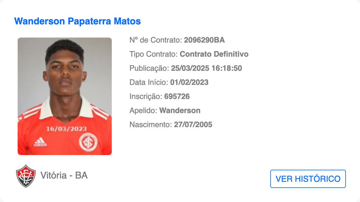 bidDoVitoria's tweet photo. ✍️ Jogador publicado no BID: Wanderson
📅 Publicado em: 25/03/2025 16:18:50
📝 Tipo de contrato: Contrato Definitivo
🔚 Data de término do contrato: 31/01/2026
#Wanderson #BID #ECVitoria https://t.co/wehVE4CuGe