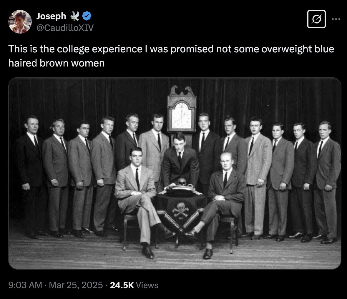 this is not a knock on anyone at any college or school, but this is the skulls and bones club at yale, which had members like George HW Bush and John Kerry. you would have never been allowed in anyway. be serious.