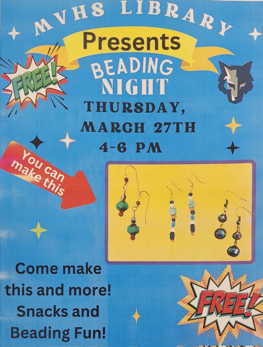 This Thursday come and make earrings for free in the MVHS Library from 4-6pm
