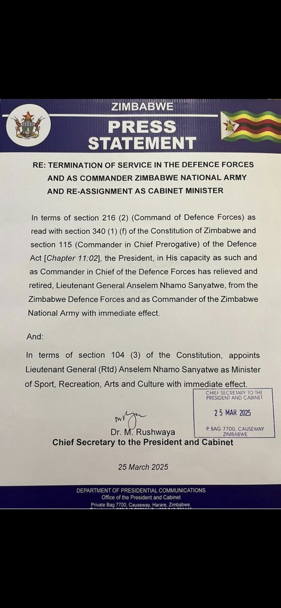 He is paranoid, he can't trust anyone so he wanted to appoint Sean Mnangagwa as Commander of the ZNA with immediate effect but he has been stunned by both Oppah Muchinguri  &amp; Gen Valerie Sibanda who both refused to endorse the  appointment.
31 March is looking too far!!