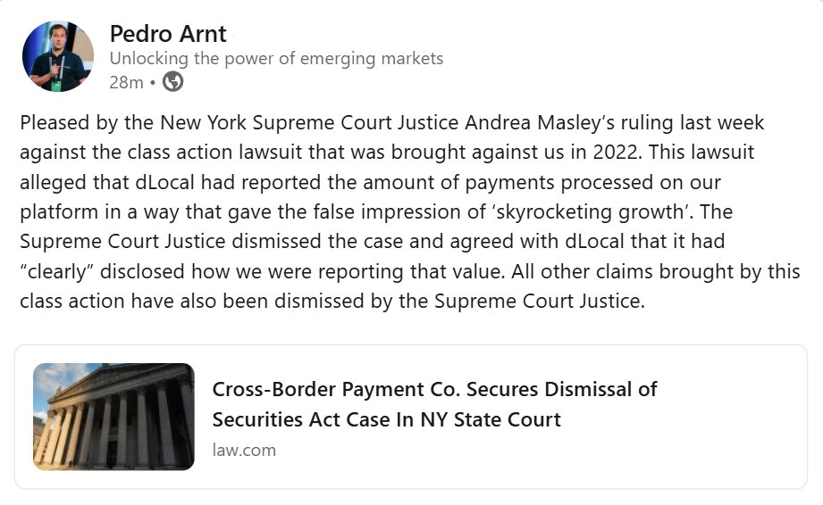 JUST IN: The Supreme Court has dismissed the lawsuit filed against $DLO in 2022. 👌🏻

The lawsuit alleged that $DLO reported payment volumes in a way that created a false impression of skyrocketing growth. However, the Supreme Court Justice agreed that $DLO had clearly disclosed