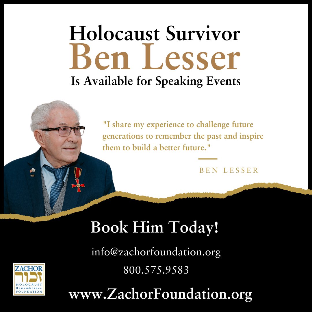 It’s not too early to book Ben for Yom Hashoah. He will open your eyes, mind and heart. Make you think, rethink and ponder life in a whole different light. Whether you’re a school, religious institution, corporation or book club - Contact us today!Info@zachorfoundation.org