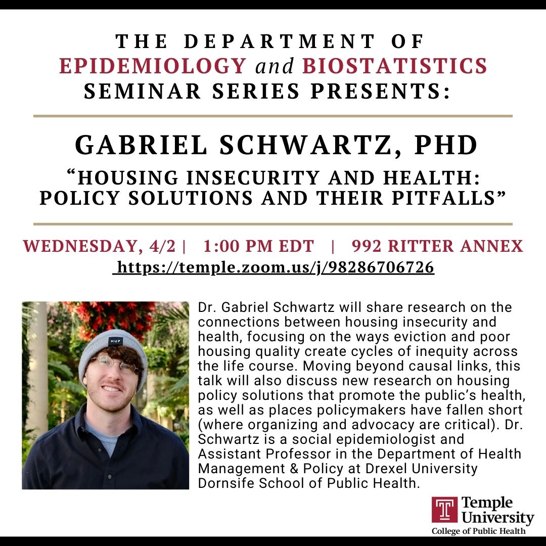 Join us on Wednesday, April 2nd, at 1:00 PM EDT as we welcome Dr. Gabriel Schwartz for the next installment of the Department of Epidemiology and Biostatistics Seminar Series.

All are welcome to this seminar by joining us in 992 Ritter Annex or via Zoom: temple.zoom.us/j/98286706726