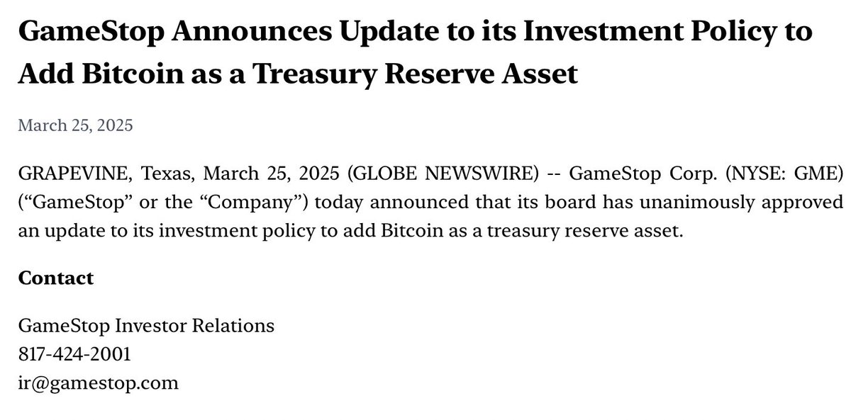 🚨 BREAKING: GameStop's board approves adding #Bitcoin as a treasury reserve asset! $GME stock rises on the news.

Another corporate giant joins the Bitcoin adoption wave.

#Bitcoin #BTC #GameStop