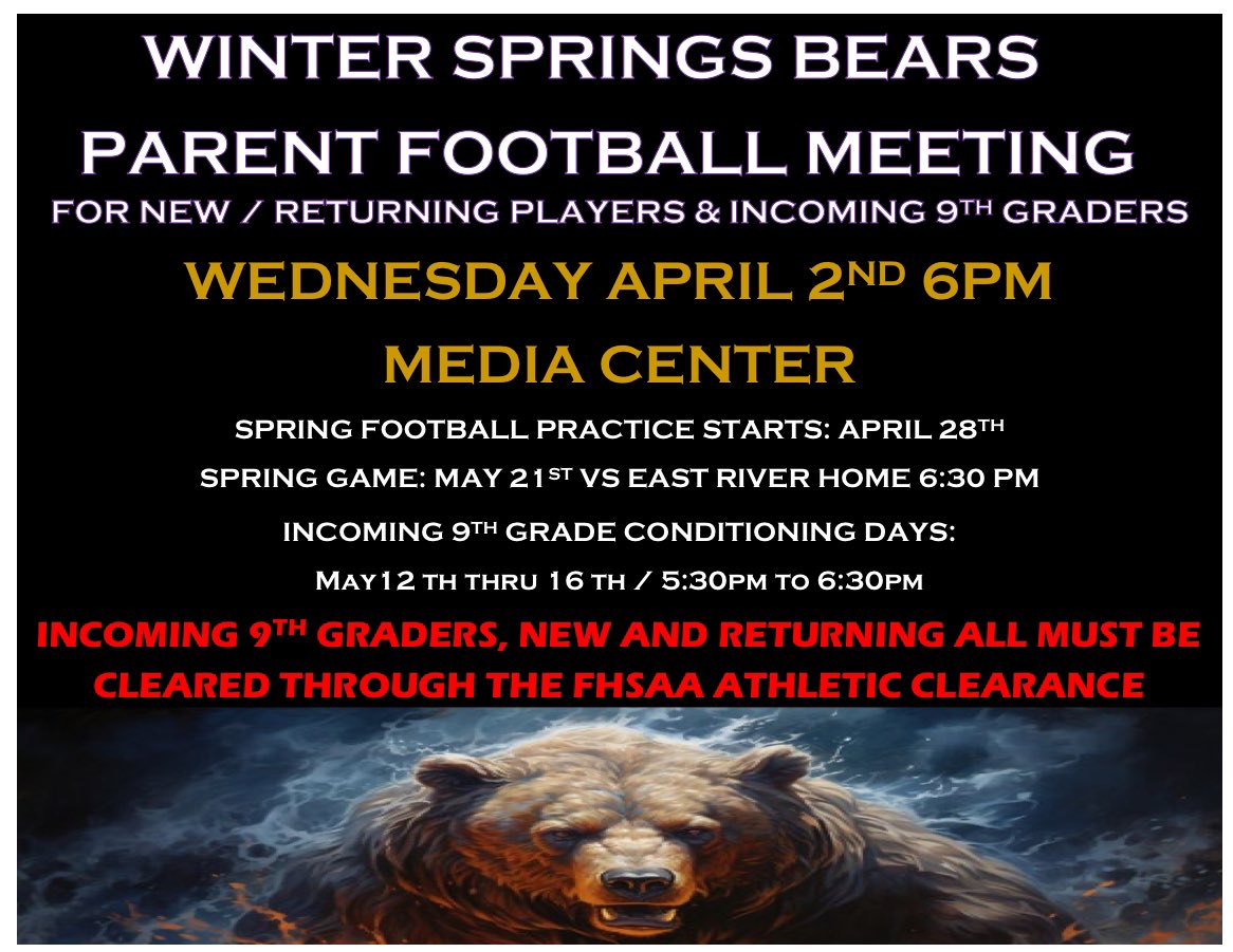 Coach Tim Dycus 🏴☠️ (@coachdycus13) on Twitter photo Football parent meeting next Wednesday April 2nd at 6pm in the WSHS Media Center. Meeting on Spring, Summer and football information. Returning and incoming 9th graders welcome. Go Bears!!! <a href="/Petes_dragons/">Mr. Gaffney</a> <a href="/WSBearAthletics/">WINter spRINGS ATHLETICS</a> Football parent meeting next Wednesday April 2nd at 6pm in the WSHS Media Center. Meeting on Spring, Summer and football information. Returning and incoming 9th graders welcome. Go Bears!!! <a href="/Petes_dragons/">Mr. Gaffney</a> <a href="/WSBearAthletics/">WINter spRINGS ATHLETICS</a>