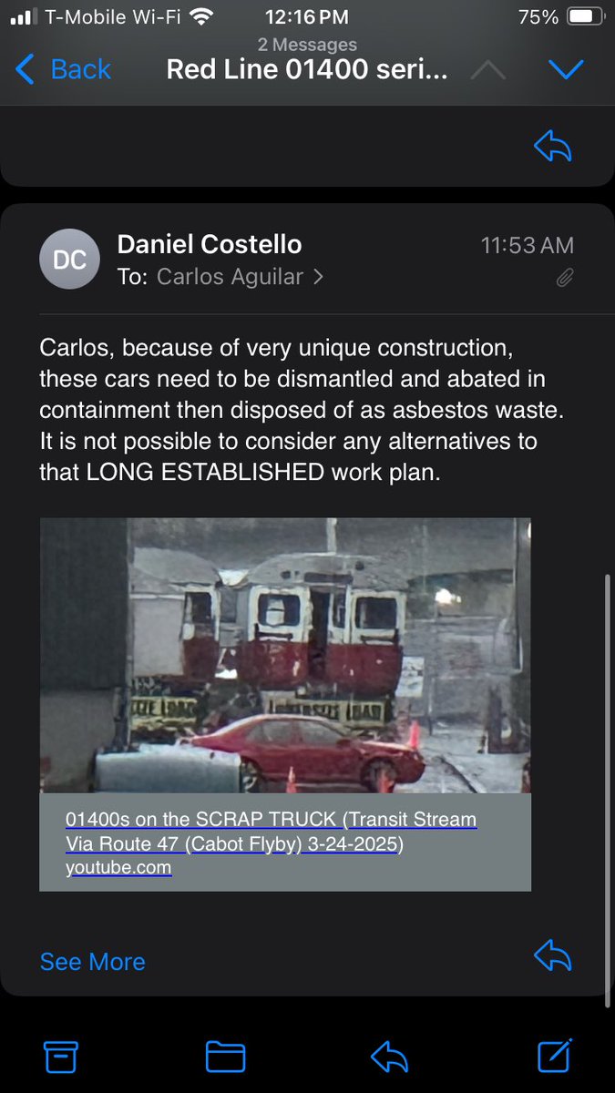 I asked the president of <a href="/Costello_demo/">Costello Dismantling Co., Inc.</a> if he will consider selling a decommissioned <a href="/MBTA/">MBTA</a> Red Line 01400 series trains car (built by Pullman-Standard), to <a href="/onthedotboston/">On the Dot</a>. Unfortunately, not so good news here: This is his response to me.