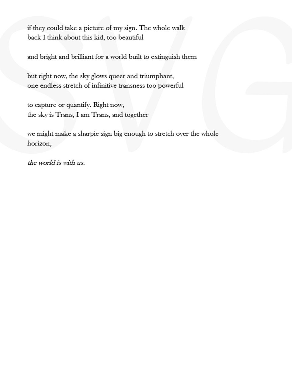 Shameless plug of my work. If you like this you can read it (and much more!) in my chapbook, "born again, now as myself".