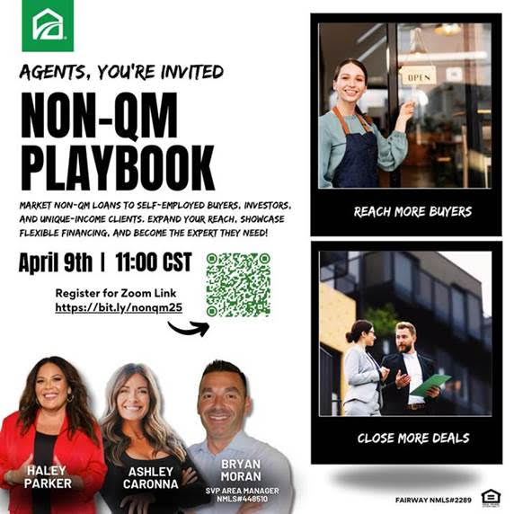 Our National Strategic Partner, Fairway, has some exciting spring classes coming up!

Next Up!April 9th at 11am CST
Non-QM Playbook

Register: bit.ly/3FGa6DT