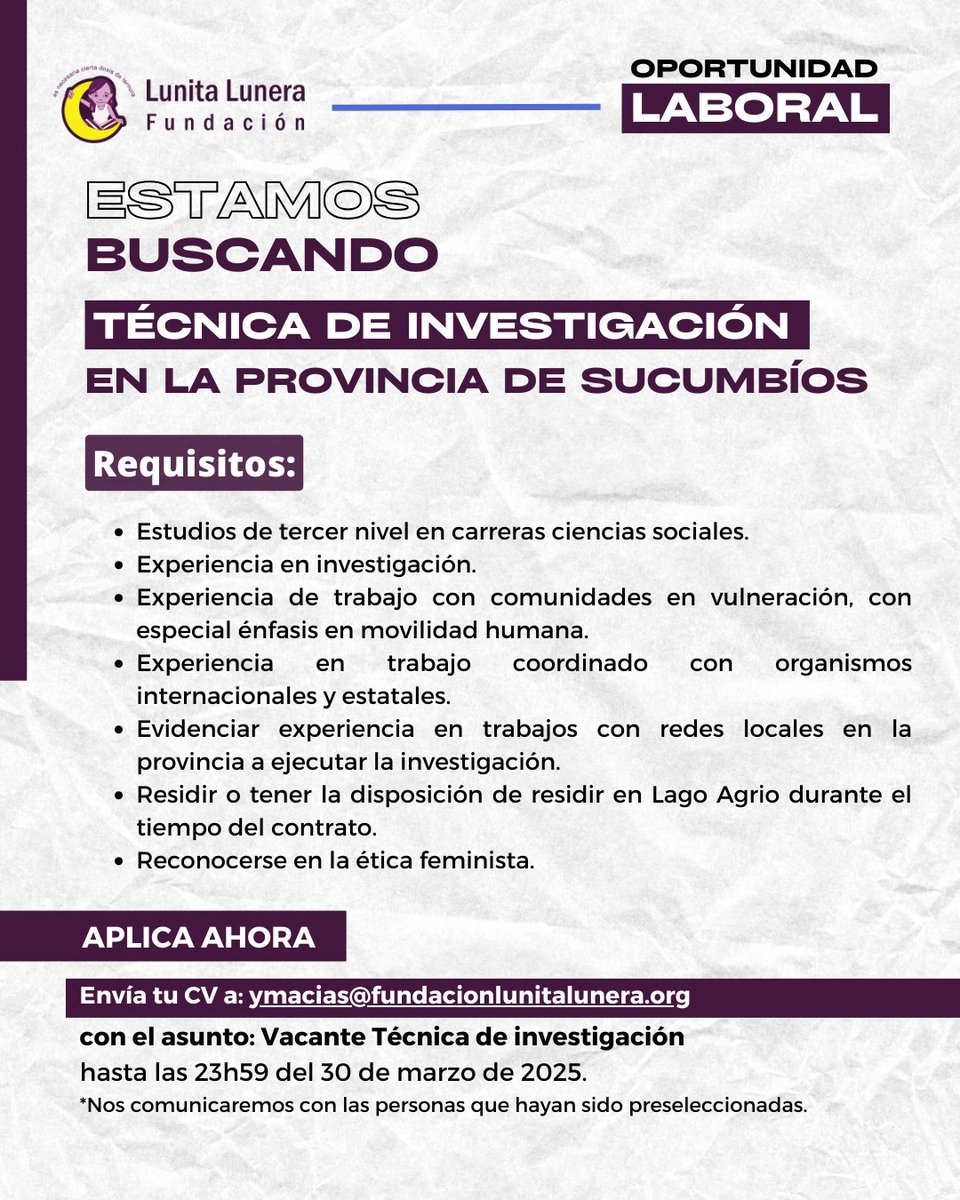 ¿𝙏𝙚 𝙞𝙙𝙚𝙣𝙩𝙞𝙛𝙞𝙘𝙖𝙨 𝙘𝙤𝙣 𝙚𝙨𝙩𝙚 𝙥𝙚𝙧𝙛𝙞𝙡? ¡𝙀𝙨𝙩𝙖 𝙤𝙥𝙤𝙧𝙩𝙪𝙣𝙞𝙙𝙖𝙙 𝙚𝙨 𝙥𝙖𝙧𝙖 𝙩𝙞! 😎 💜 

Nos encontramos en la búsqueda de una persona técnica de investigación en la provincia de Sucumbíos.

Revisa el TDR adjunto:

➡️ fululu.org/trabaja-con-no…
