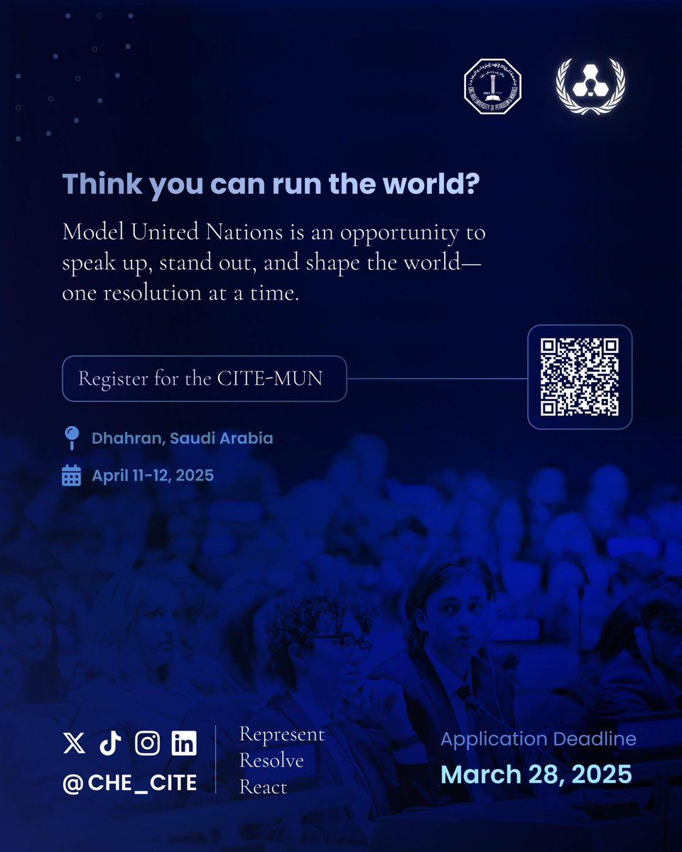 KFUPM’s first-ever MUN is here! 

Ready to write policies and shape the future?🌍🏛️

Register now!
docs.google.com/forms/d/1Ga_mJ…

#KFUPM #CITE #CITE2025 #Elevate_To_Innovate