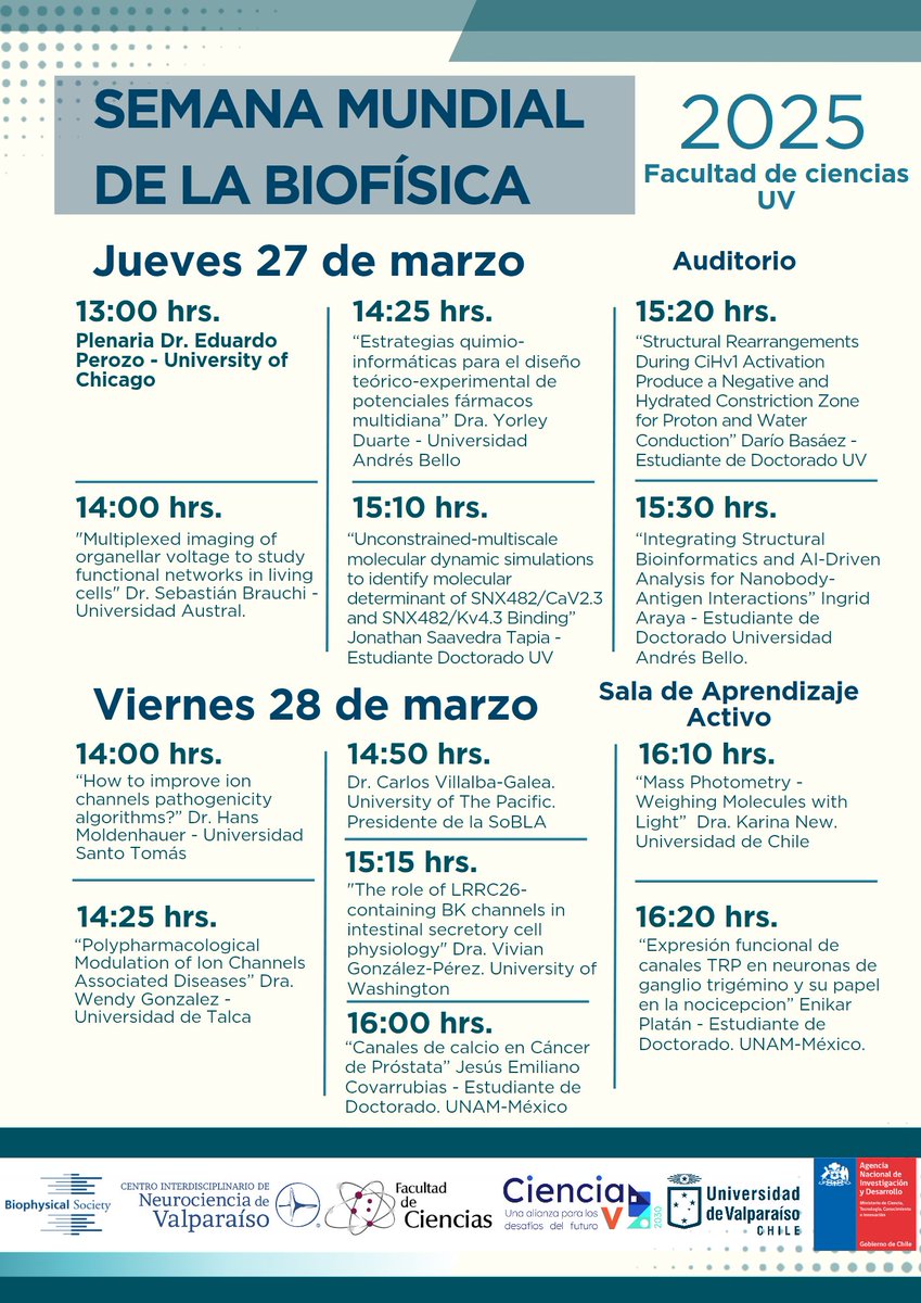 ✨📢 ¡Únete a la Semana Mundial de la Biofísica 2025! 🌍🔬

📅 27 y 28 de marzo 🕒 Jueves: 12:30 hrs. – Auditorio, Facultad de Ciencias, UV y Viernes: 14:00 hrs. – Sala de Aprendizaje Activo, Facultad de Ciencias, UV

🎙️ Organizado por: Capítulo Estudiantil de Biofísica UV y CINV