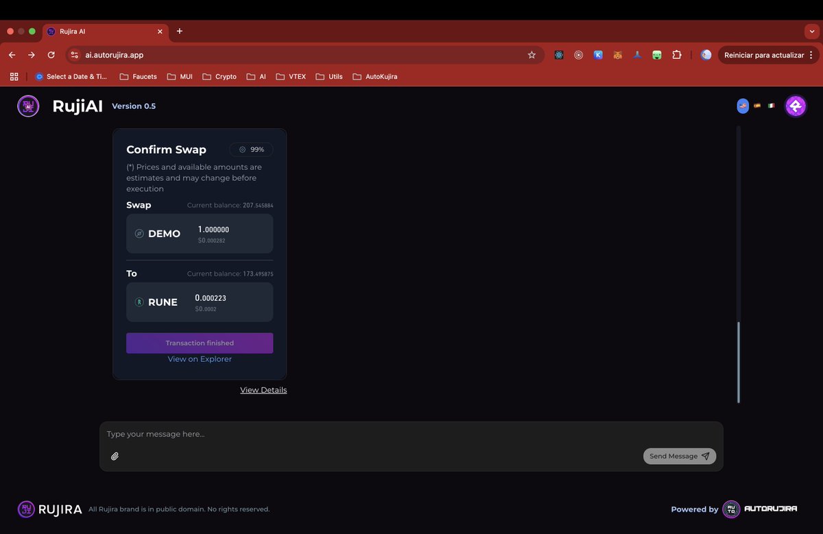 🚀 RujiAI v0.5 is live!

🧩 Swap &amp; Limit Order now show explorer links to check tx details
🌍 Multilingual support: Spanish, English &amp; Italian
⚠️ Improved error handling across the board

Step by step, we’re making #DeFAI smoother for everyone 🤖⚡