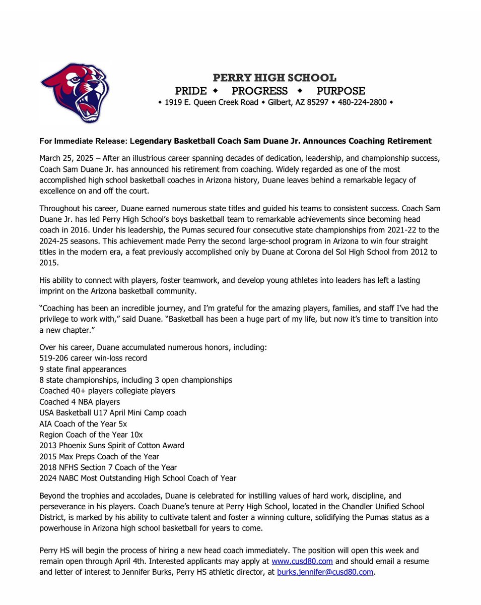 We want to thank Coach Sam Duane Jr. for his dedicated service to the students of Perry HS for the past 9 years.  It’s been an incredible ride. ♥️💙♥️
<a href="/PerryPumas07/">PERRY HIGH SCHOOL</a> <a href="/PerryPumaMBB/">Puma Mens Basketball</a> <a href="/CUSDAthletics/">CUSDAthletics</a> <a href="/ChandlerUnified/">Chandler Unified School District</a>