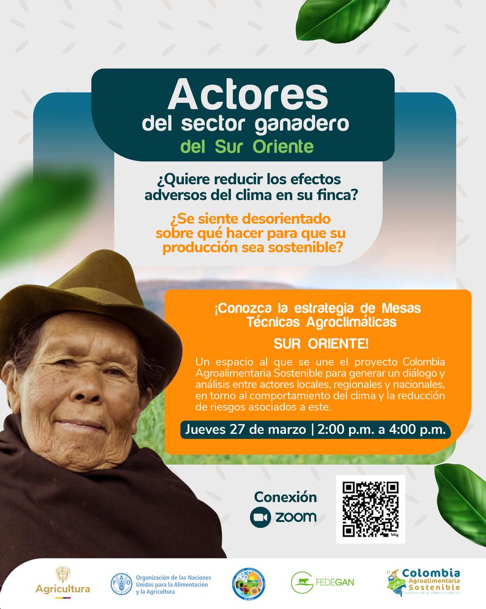 Entérese de las estrategias más adecuadas para gestionar los riesgos asociados al cambio climático. 

La cita es este jueves 27 de marzo a partir de las 4: 00 p.m. en las Mesas Técnicas Agroclimáticas Sur Oriente

👉Link de Conexión: fao.zoom.us/j/91707798557?…

ID de reunión:

917