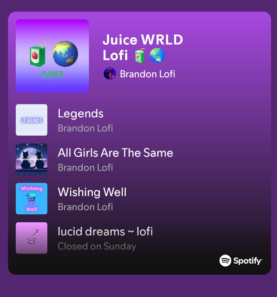 Brandonlmu's tweet photo. @RileyTaugor If you Love Juice WRLD then you might like this Juice WRLD Lofi Spotify Playlist 

https://t.co/3ymoDDv9zI https://t.co/dgPeBxF56s