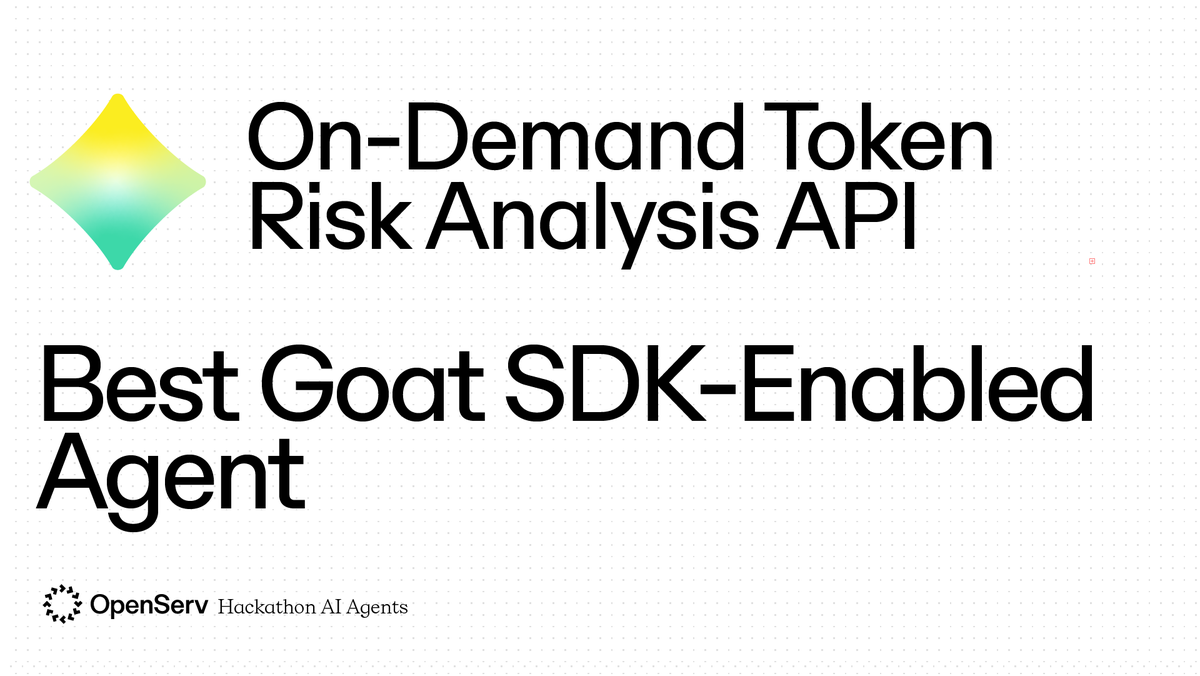 OpenServ (@openservai) on Twitter photo the best <a href="/goat_sdk/">GOAT (Great Onchain Agent Toolkit)</a> -enabled agent award goes to...
OpenServ-Powered On-Demand Token Risk Analysis API: an on-demand API built using the OpenServ AI agent framework and GOAT SDK for analyzing the risk and liquidity of Solana-based tokens. Designed for seamless integration with X, the best <a href="/goat_sdk/">GOAT (Great Onchain Agent Toolkit)</a> -enabled agent award goes to...
OpenServ-Powered On-Demand Token Risk Analysis API: an on-demand API built using the OpenServ AI agent framework and GOAT SDK for analyzing the risk and liquidity of Solana-based tokens. Designed for seamless integration with X,